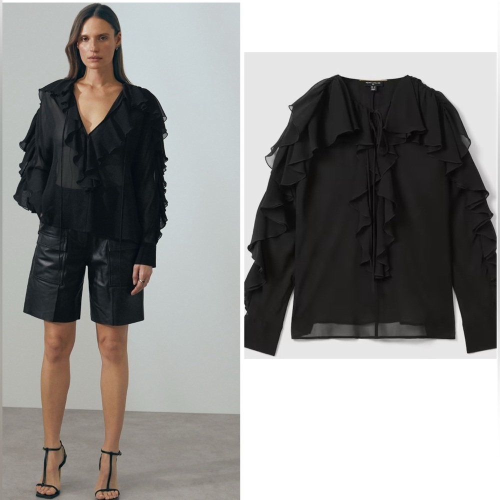 Reiss Atelier Kiani silk ruffle long sleeve blouse top black NWT